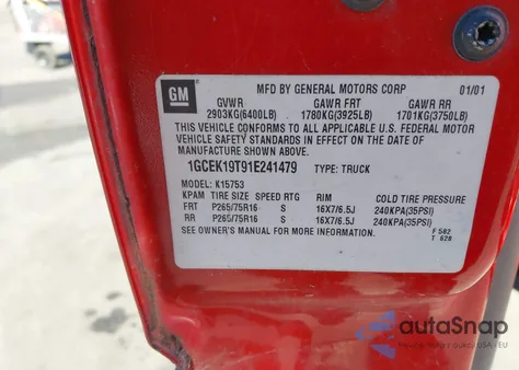 2001 Chevrolet Silverado 1500 Lt from USA, damaged, VIN 1GCEK19T91E241479